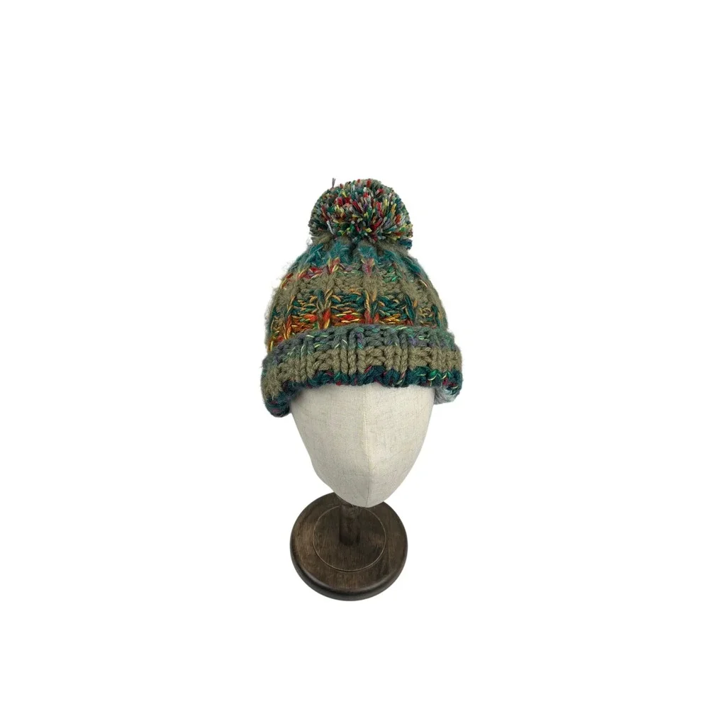 Andes Gifts Multi Color Chunky Knit Pom Pom Beanie Olive Green Alpaca‎ Blend